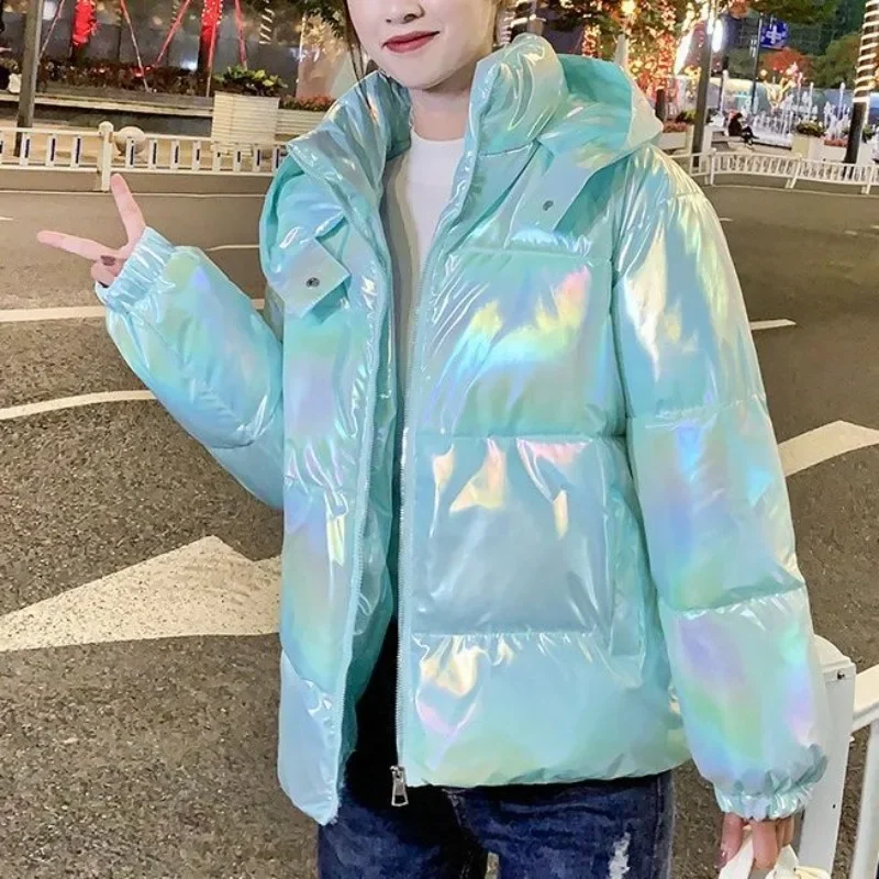 

Winter Women Parkas 2025 New Glossy Down Cotton Parka Short Styles Long Sleeves Casual Coat Winter Hooded Colorful Loose Outwear