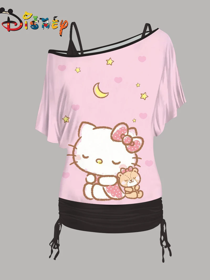 Sexy Elegante Dames Sets Tops Vrouw Kleding Hello Kitty Jurk Een Schouder Mouw Mini Rok Disney T-Shirt Tweedelige Set Set