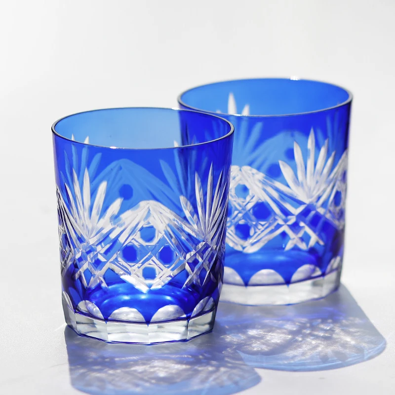 Blue Whisky Glasses Japanese Style Edo Kiriko Glass Hand Cut To Clear Crystal Wine Whiskey Cup Drinking Drinkware 10oz/300ml