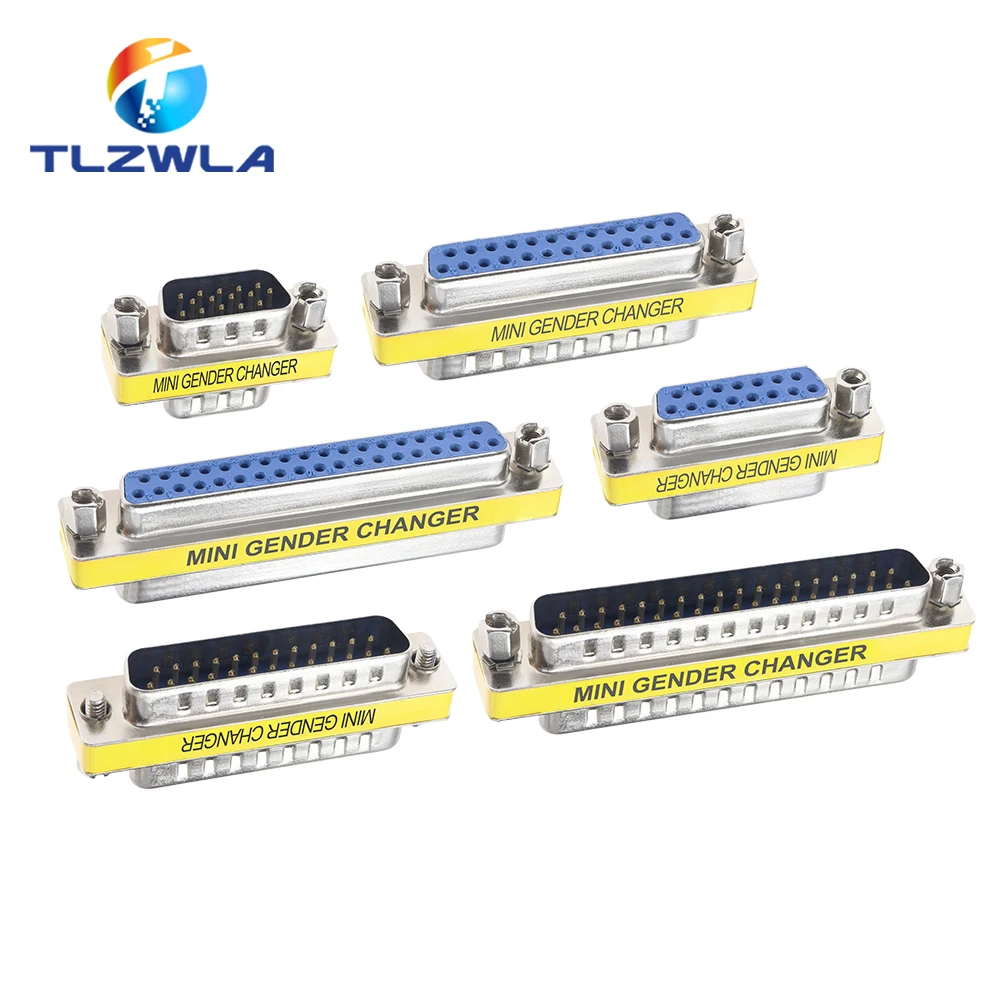 DB9/DB15/DB25/DB37 Mini zmieniacz płci Adapter RS232 Com D-Sub do męskiego żeńskiego złącza wtykowego VGA 9 15 25 37Pin