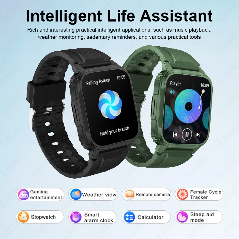 LIGE jam tangan pintar pria, panggilan Bluetooth suara baterai sangat panjang jam tangan jejak kesehatan tidur 1.95 inci layar HD olahraga