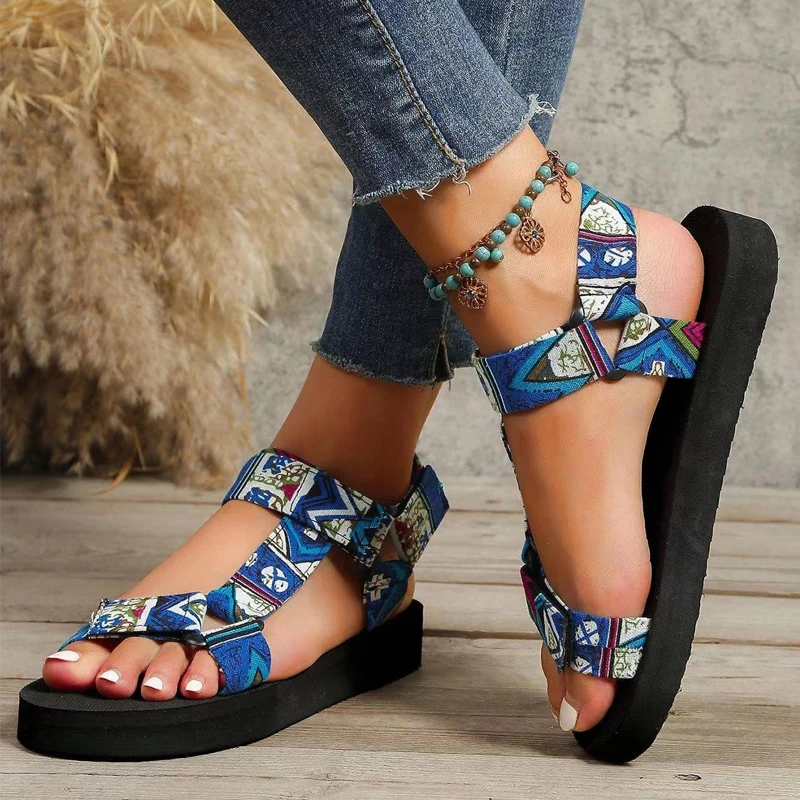 Women\'s Large Size Printed Platform Flat Sandals Adjustable Spring Summer Thin Bottom Ethnic Style Non-slip Beach Sandals