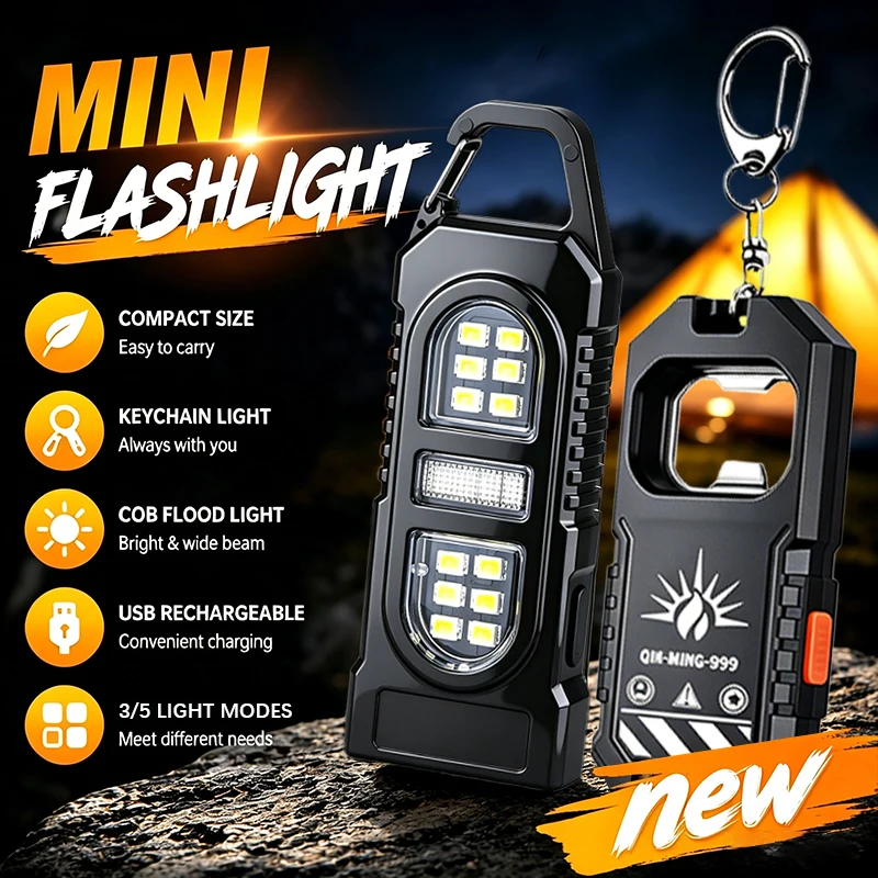 Powerful Mini COB LED Keychain Flashlight USB Rechargeable Hanging Work Light Waterproof Keyring Camping Walking Pocket Lamp