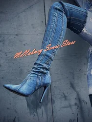 Cinturini in Denim stivali con punta a punta tacchi alti sottili Solid Fitted Over The Knee Side Zipper Boots autunno Party Sexy Style scarpe da donna