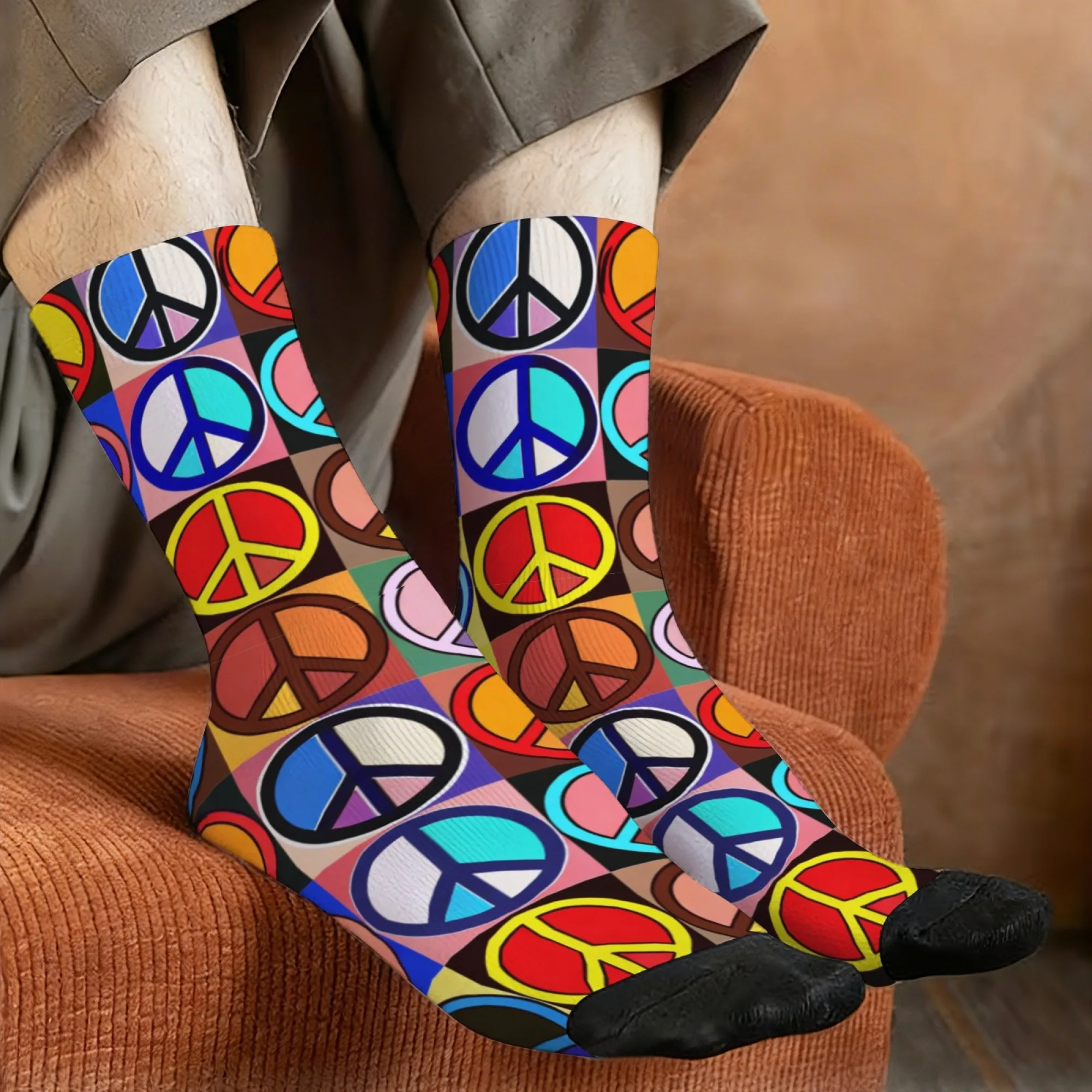 Novel Fashionable Fun and Stylish Men's Mid-calf Socks with Peace Symbol Prints Comfortable Soft for A Fun Carefree Street Style