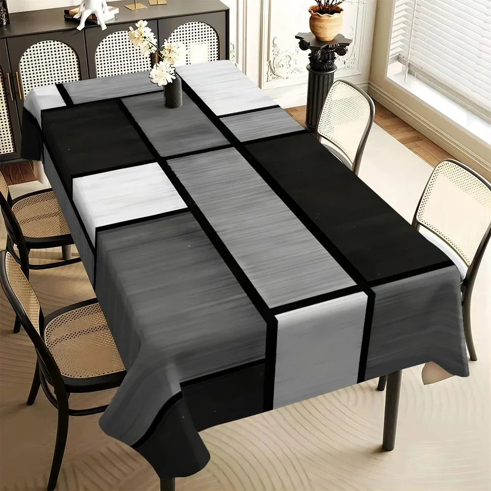 Elegant Black and White Grey Geometric Print Tablecloth - Rectangular Polyester Dining Table Cover for Festive Party Table Decor