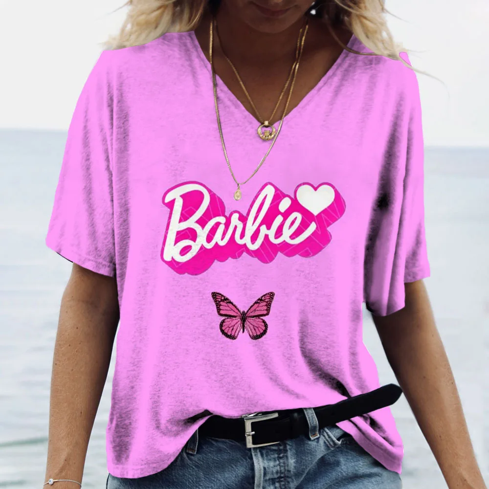 S-3XL Barbie Anime Pattern V-neck T-shirt Women's Clothing Women's Short sleeved T-shirt New Summer Hot Selling