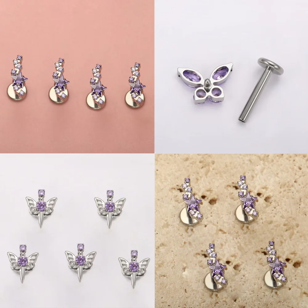 F136 Titanlegierung, modisches lila Zirkonia-Ohrstecker-Set mit Knorpel-Piercing, Lippen-Ohrstecker und Ohrläppchen, Körperpiercing-Schmuck – Detail 6