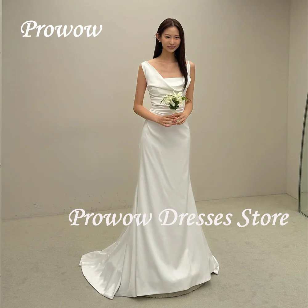 

Prowow Simple Ivory Mermaid Wedding Dress Korea Photo Shoot Sleeveless Bridal Gown Floor Length Pleats Silk Satin Customized