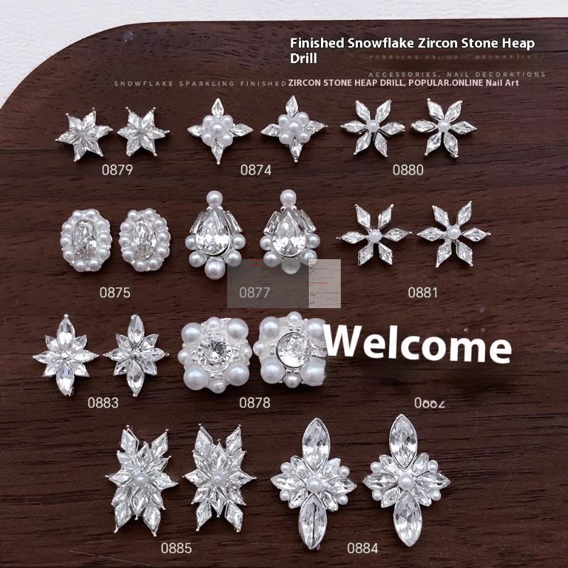 5Pcs Snowflake Flower Zircon Pearl Crystals Rhinestones Christmas Jewelry Flash Nail Art Decorations Nails Accessories Charms