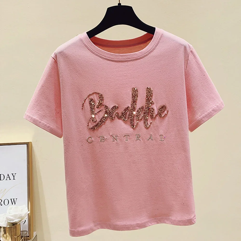 Summer 2022 New sequins Letter Crystals Pure Cotton Loose Short Sleeve round Neck Bottoming T-shirt for Women S-4XL