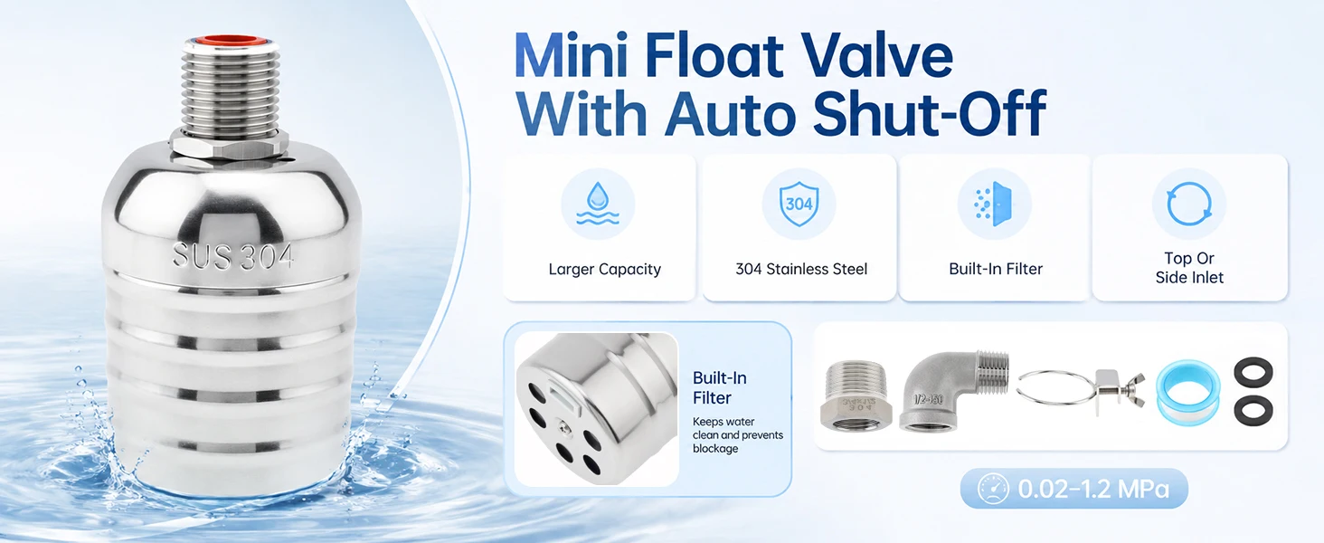 1/2 in and 3/4 in Automatic 304 Stainless Steel Water Float Valve for Tanks / Livestock Troughs / Fish Ponds