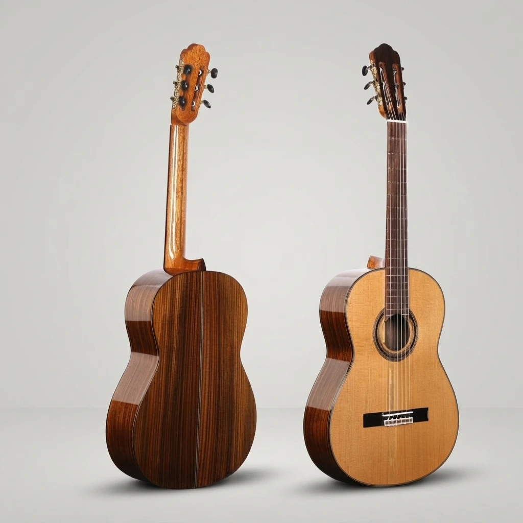 Handcrafted Classical Guitar with Nylon Strings, Natural Top Dark Brown Back, Slotted Headstock, Black Tuners for Beginners