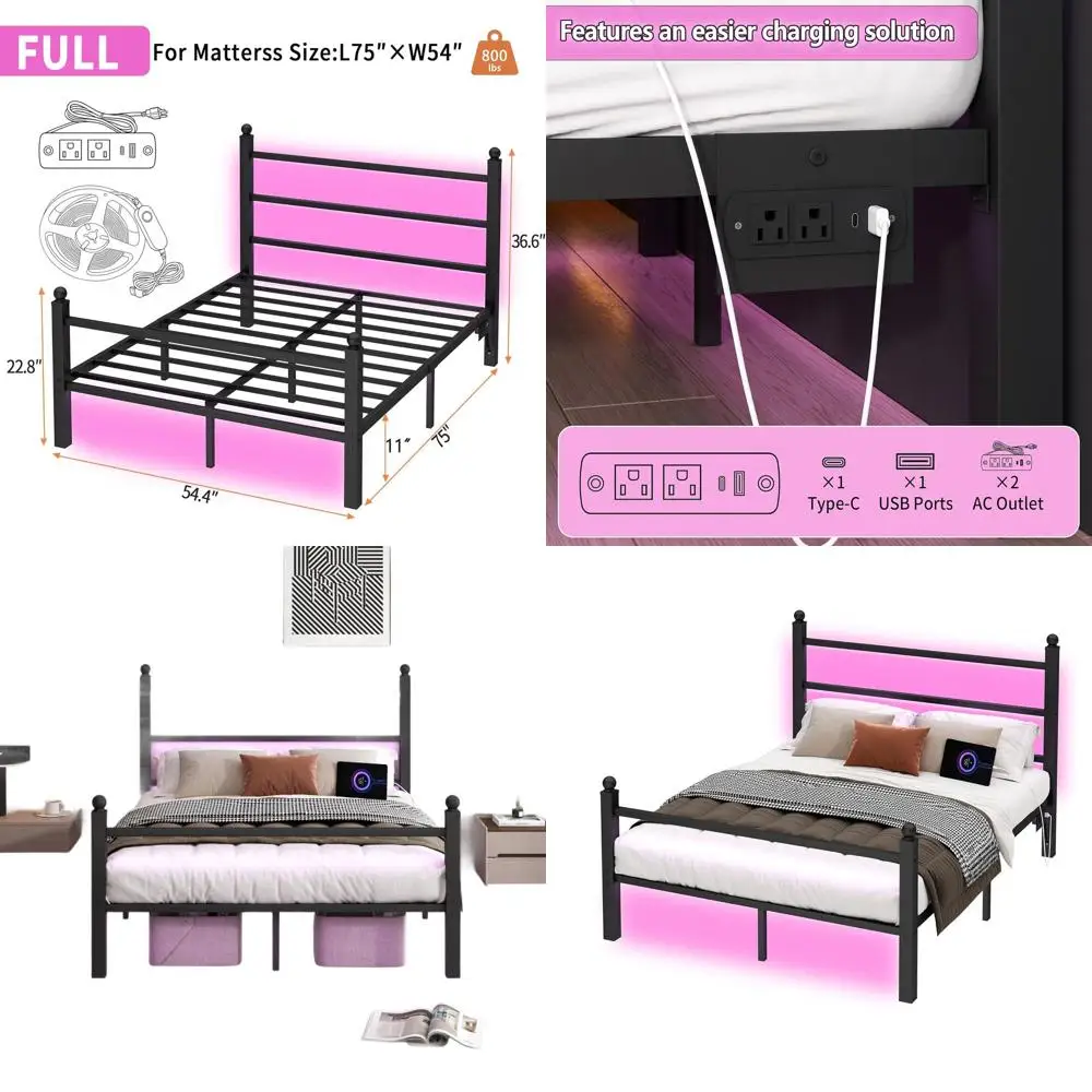 

Черный стальной каркас кровати с изголовьем, изножьем, светодиодными USB-портами, поддержкой матраса, хранилищем под кроватью, коробчатой пружиной не требуется.