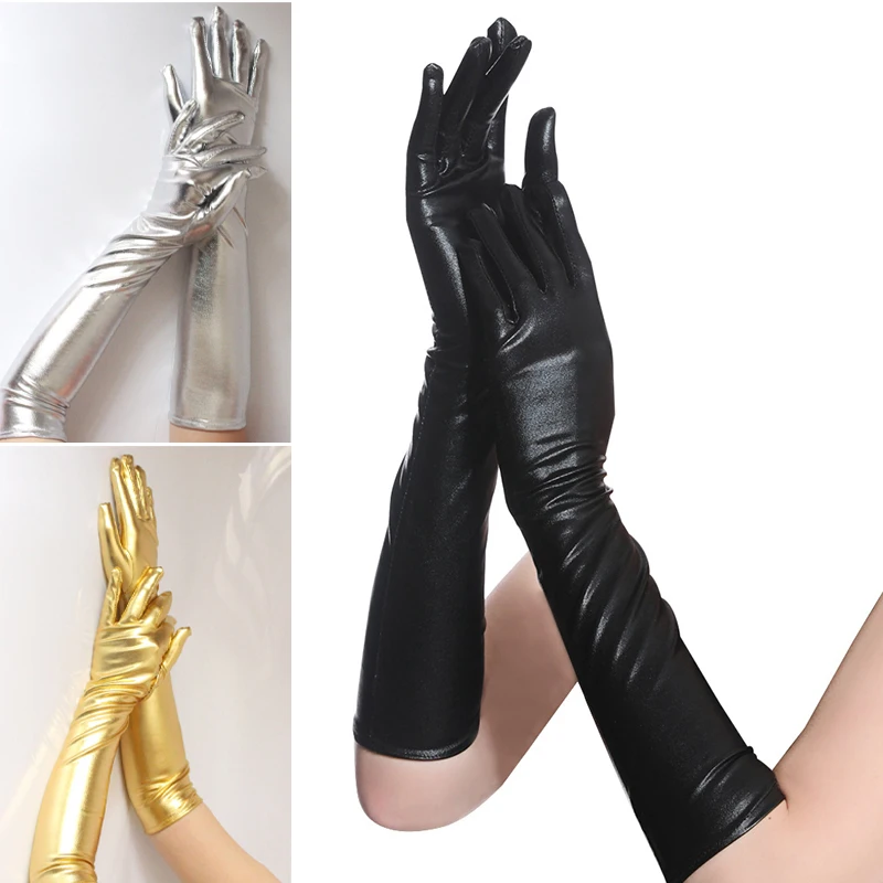 

Ladies Gold Silver Fake Leather Metallic Gloves Evening Party Performance Mittens Women Sexy Elbow Length Long Latex Hand Wear