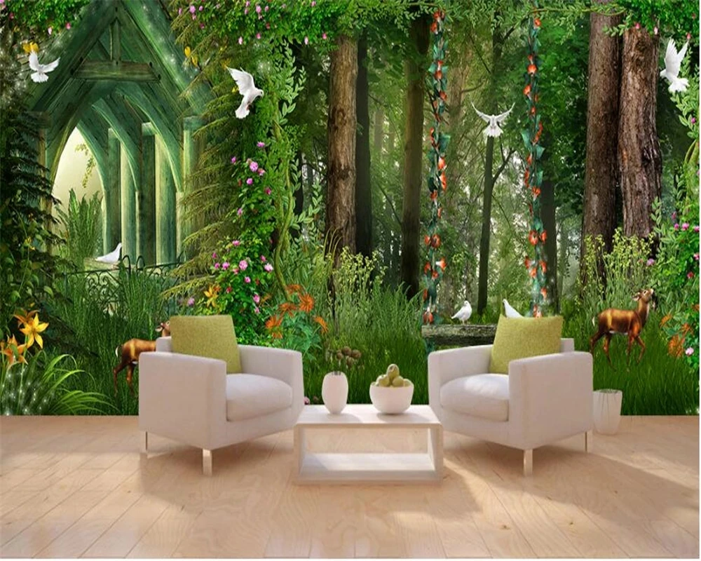 papel-de-parede-personalizado-com-arvores-verdes-floresta-cabana-de-sonho-balanco-flores-videira-fundo-para-toda-a-casa-ceu-azul-mural-para-quarto-floresta-8d-casa