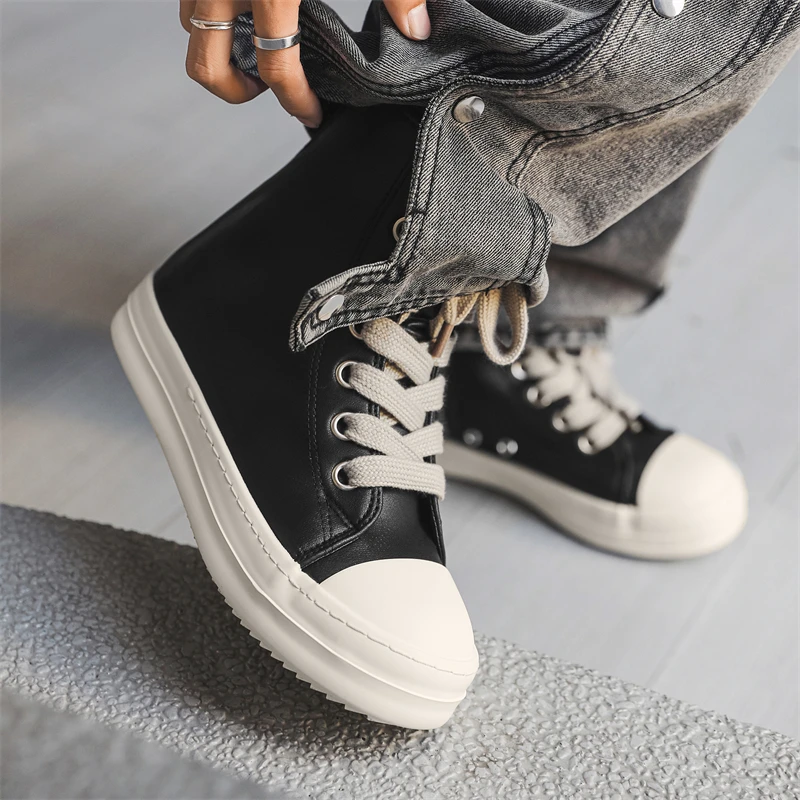 Sneakers Black Leather Zipper Lace Up Casual Shoes Large Size Chaussure Femme 2026 Men's Women Platform Thick Bottom Sneakers