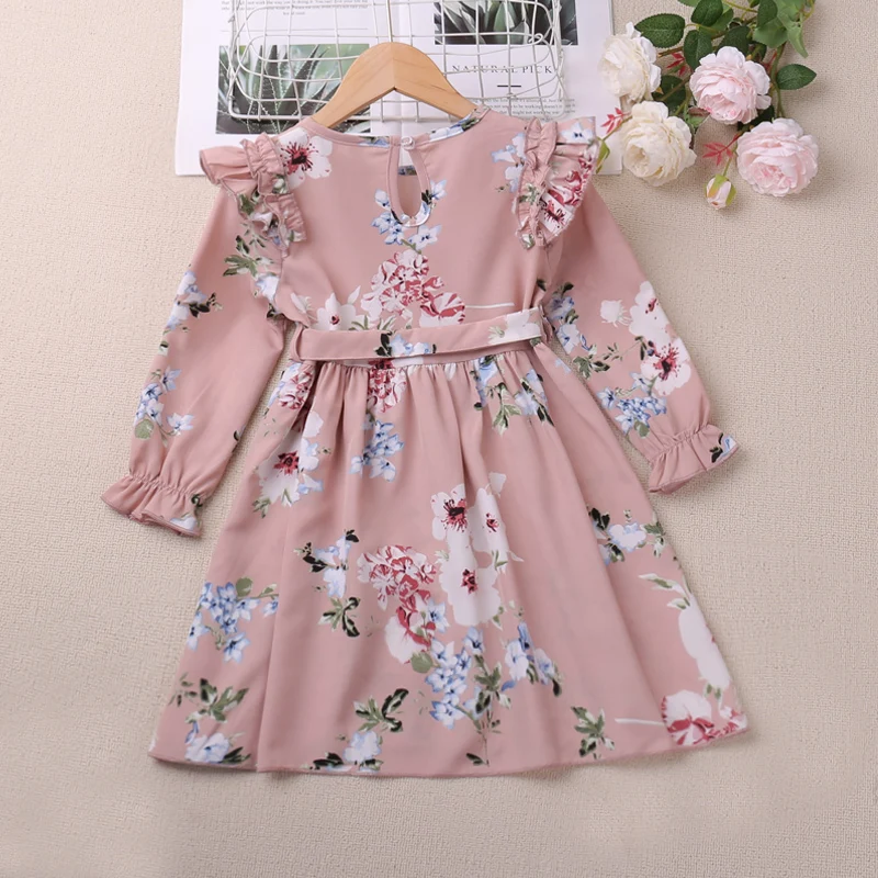 French Round Neck Dress Long Sleeve Printed Waistband with Unique Style Party Princess Dress Vestidos 3-7 Y