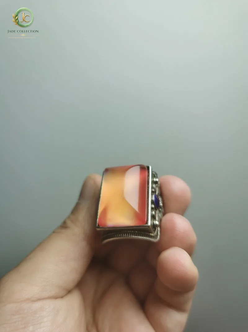 Vintage Tibetan Old Silver Ring, Square Color-Change Gem Inlay, Antique Patina, Adjustable Open Band Collectible Jewelry