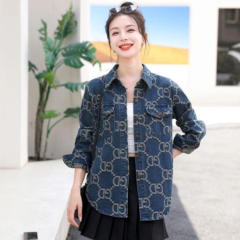 #3130 Vintage Blue Denim Jacket Women Loose Streetwear Jeans Jacket Printed Denim Coat Female Loose Harajuku Outerwear Spring