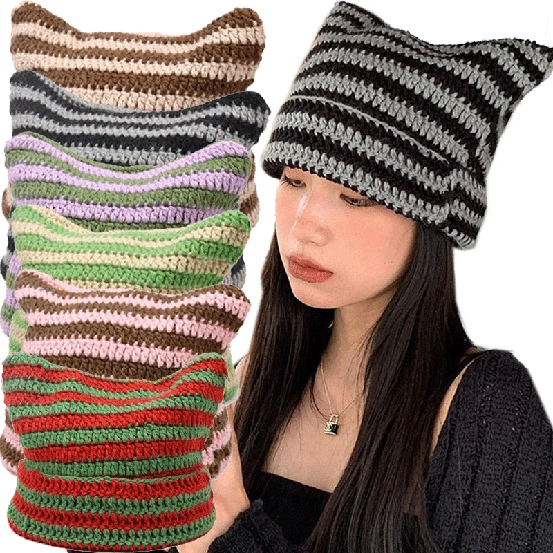 

Japanese Little Devil Striped Beanies Women Ins Cute Cat Ears Knitted Wool Cap Girl Winter Pointed Pullover Halloween Hats