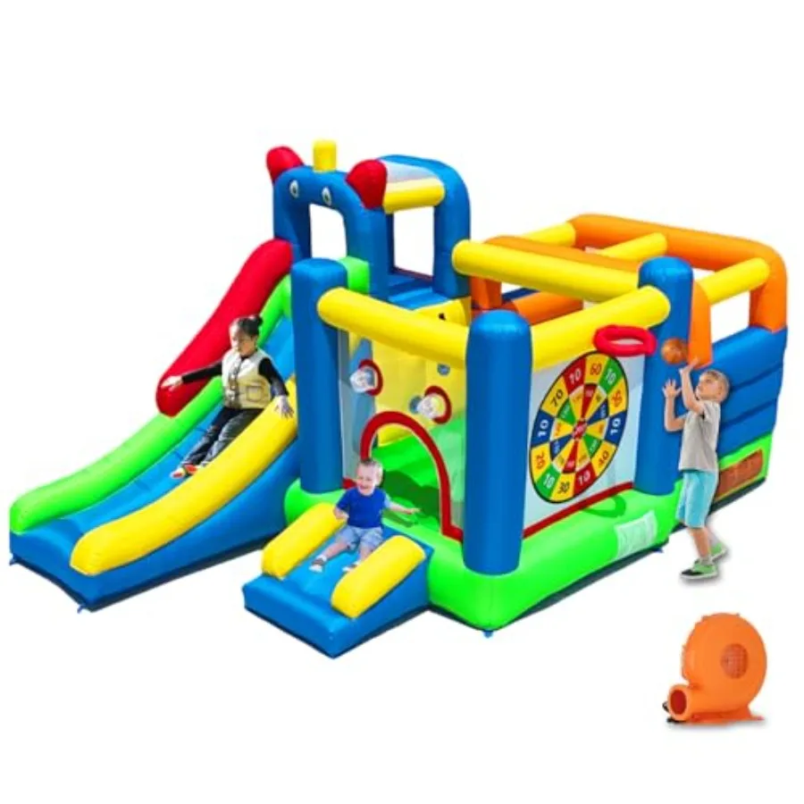 

Bounce House Inflatable Playground with Crossbar Obstacle Large Bouncy Area 1x Tall 1x Small Slide Giant Dart Board C