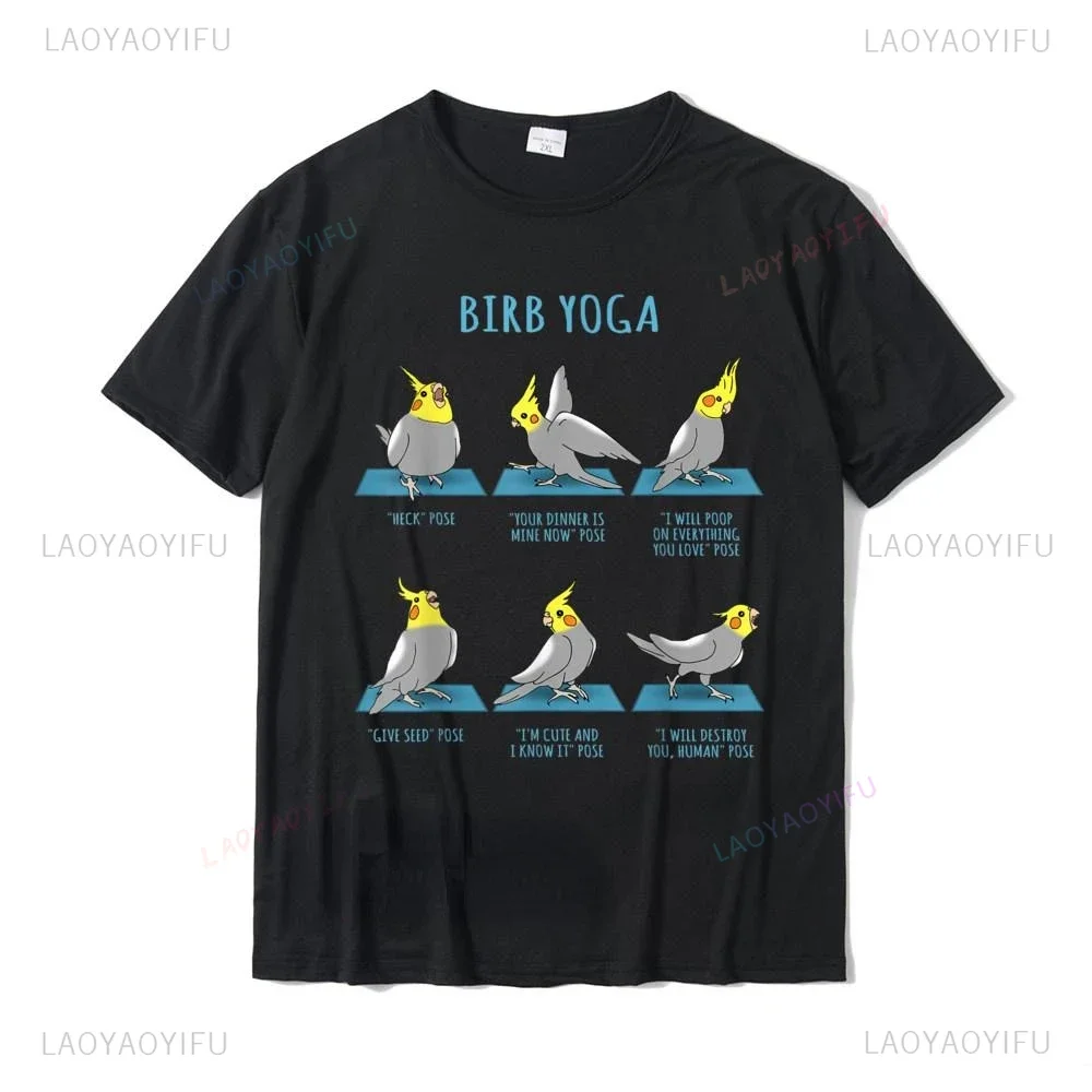 Kawaii Clothes Cockatiel Yoga Poses T-shirt Birb Memes Cute Parrot Graphic Tshirts Summer Cartoon Camisa Cool Loose Short-sleev