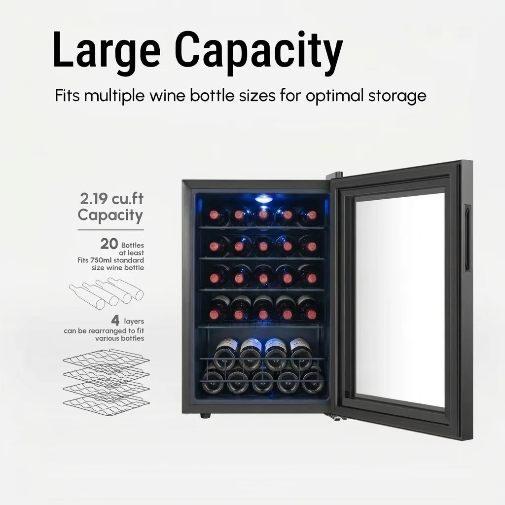 20 Bottles Wine Cooler 62L Single Zone Compressor Wine Refrigerator Electronic Temperature Control Right Opening Door Wine Fridge For Home Use
