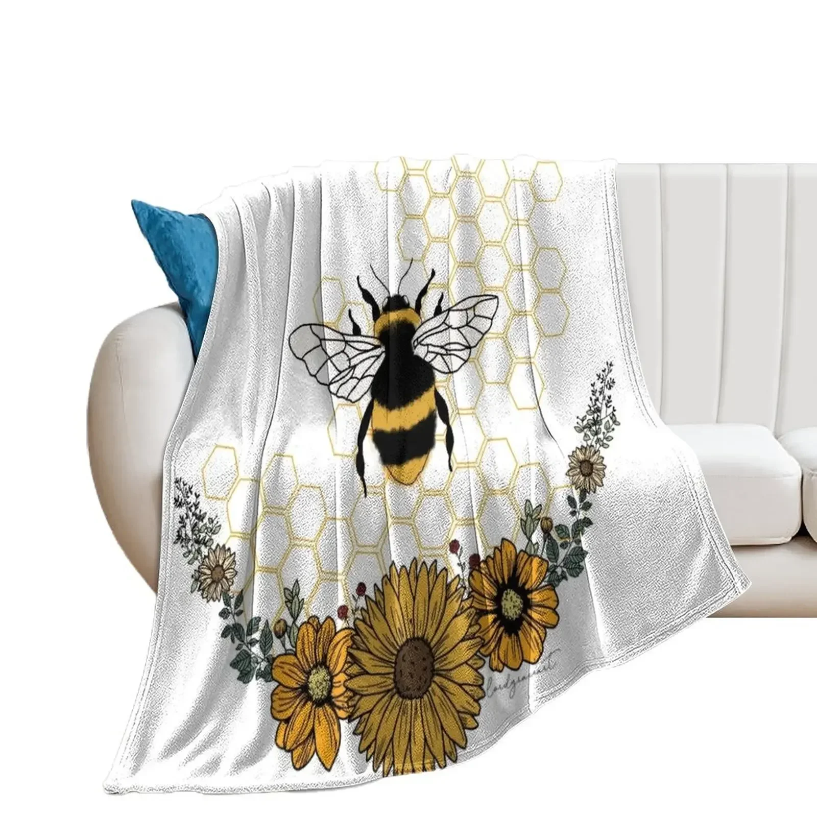 

Sunflower Bee- Honey Comb Yellow Throw Blanket Beach anime Bed Fashionable Multi-Purpose Blankets