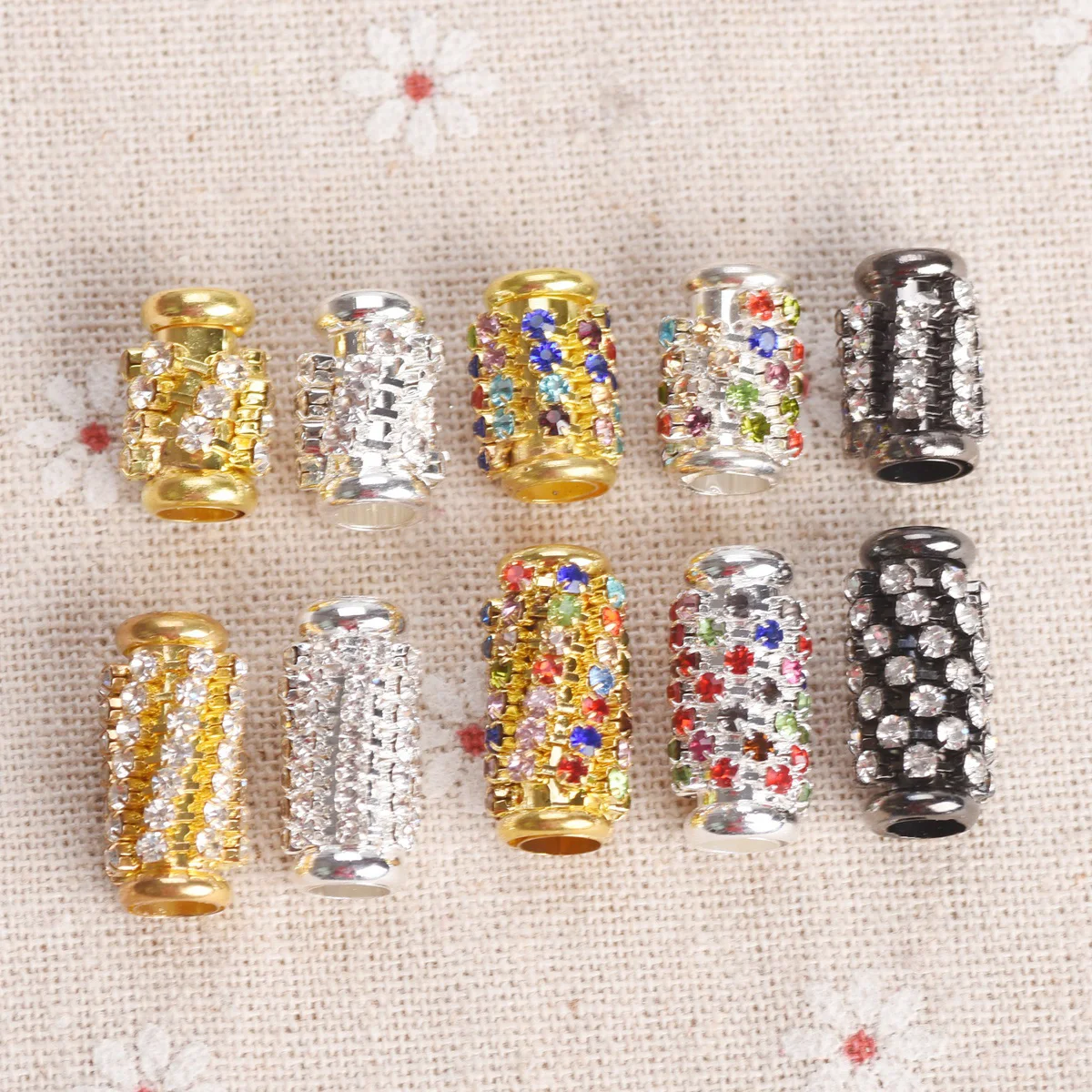 5pcs 15x8mm 20x10mm Cylinder Tube Copper Metal Crystal Glass Rhinestones Loose Big Hole Beads for Jewelry Making DIY Bracelet