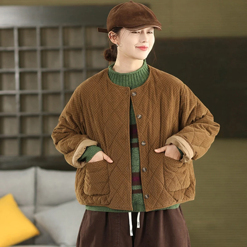 

100% Cotton Women Causal Quilted Coats New Arrival 2025 Winter Vintage Style O-neck Solid Color Female Padded Jackets M2233