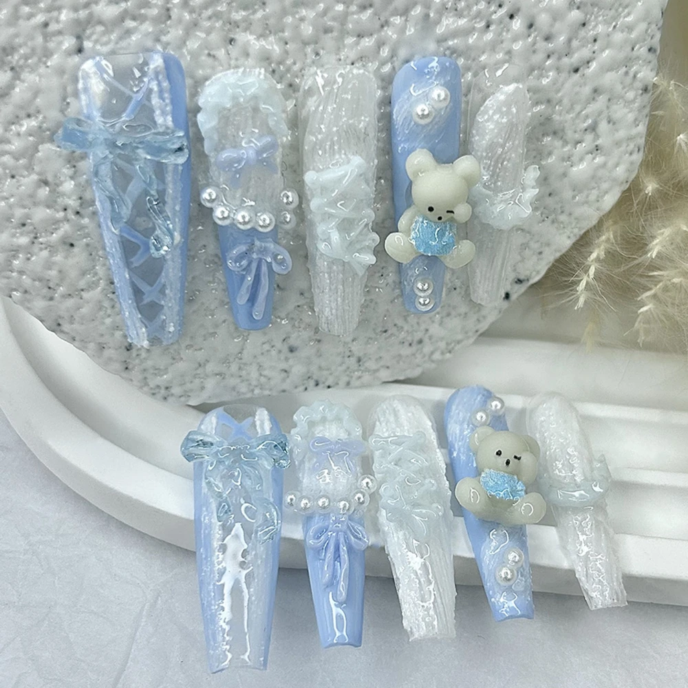 Rococo French Ballet Lace Handmade Press On Nails 3D Sweet Cute Bear Gypsum Bow Pearl Fake Nails Pink Blue Lolita Long Nail Art