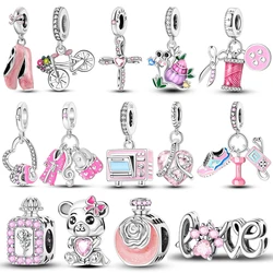 Pink Series Beads 925 Silver Bear LOVE Bike Dance Shoe Charms Fit Original Bangle Bracelet Pendants DIY Jewelry Gift For Women