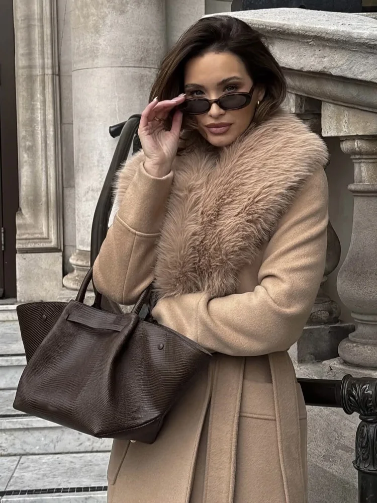 HH-Chaqueta larga de lana con cuello grande para mujer, abrigo elegante con cordones, informal, con dos bolsillos, otoño e invierno, 2025