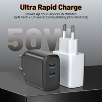 50W Dual Port EU GaN Charger, 2x Type-C 25W PD Fast Wall Charger, Ultra-Portable Compact for iPhone,Samsung,Xiaomi,Huawei