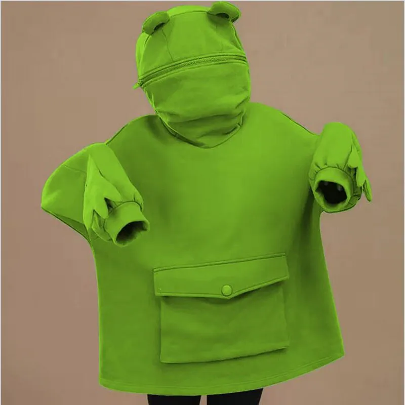 Women's Mid-length Design Frog Hooded Lazy Style Jacket Top