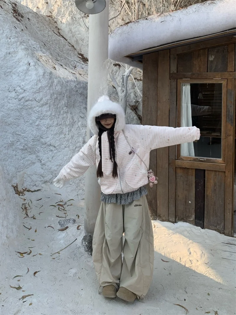 

Thiened Cotton Jaet Women's Winter Coat with Hat Sweet Striped Fur Collar All-Match Warm Trendy College Sle Long Sve