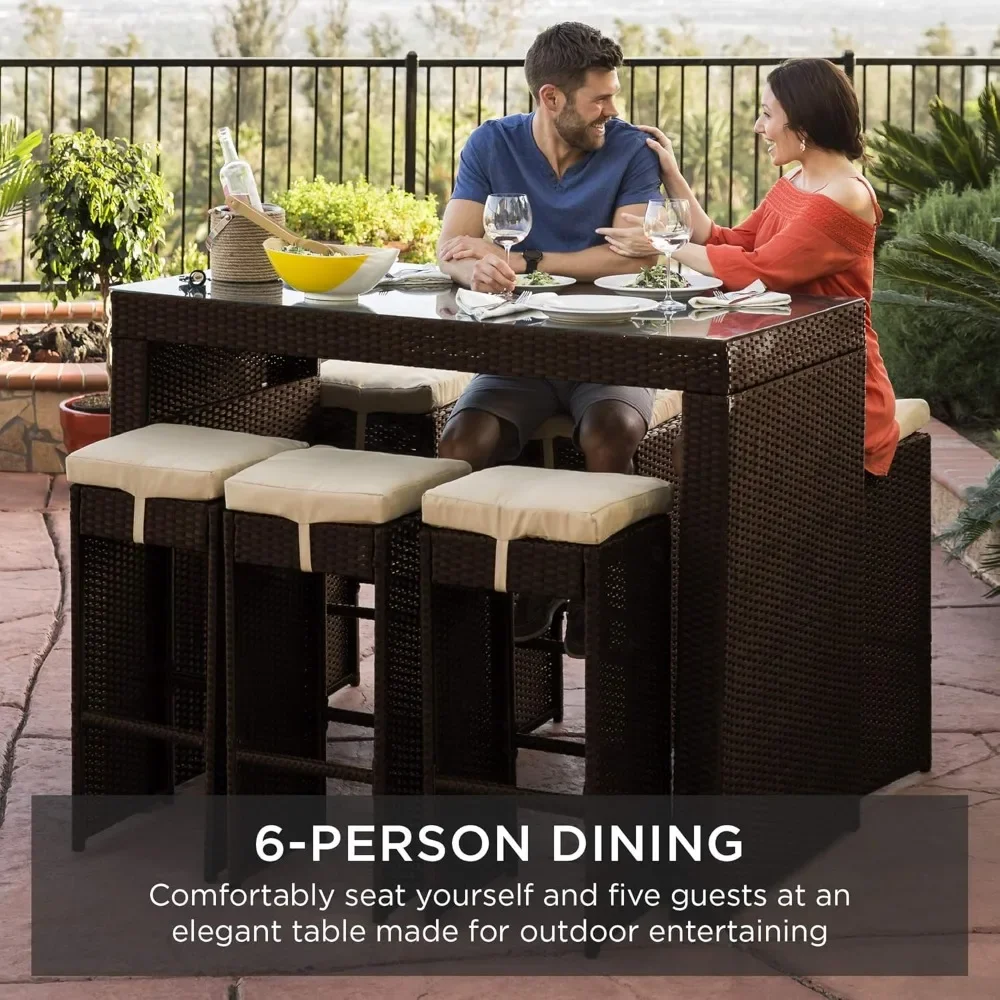 Outdoor Wicker Bar Dining Set, Mobília do pátio do Rattan para o quintal, Mesa de vidro, Removível, 6 fezes, 7 pcs