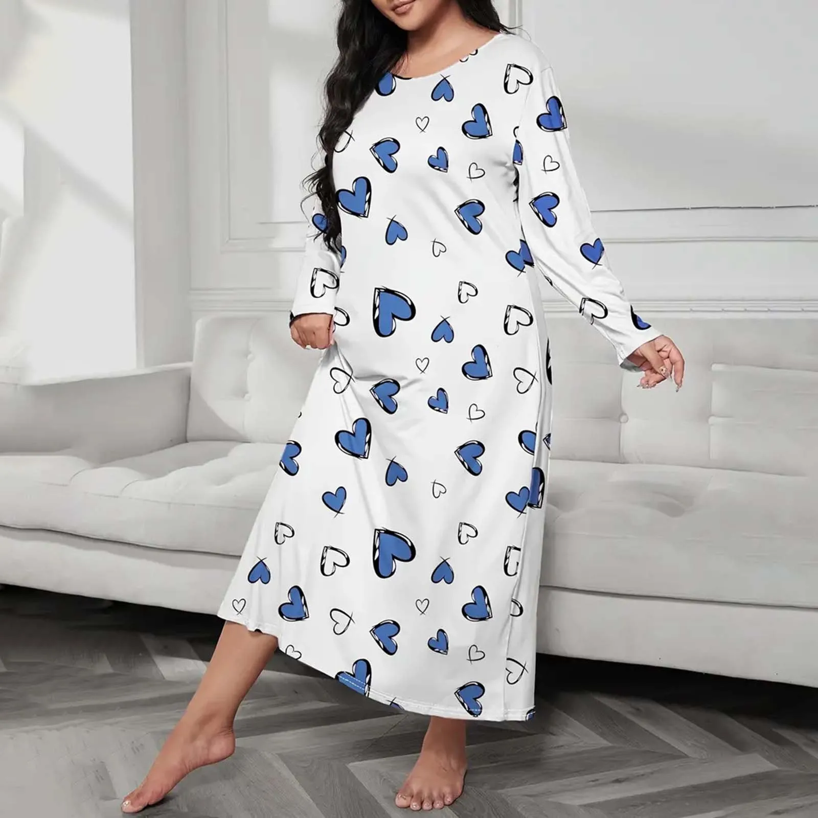 Plus Size Casual Sleep Dress Women\'s Plus Heart Print Long Sleeve Round Neck Medium Sleepwear Summer Women Woman\'s Nightgown