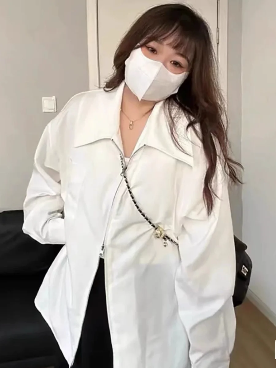 plus Size Women's irt Jaet Inner Wear Double Zipper Loose Slimming Versatile Top Trendy Korean Sle Long Sve  Collar