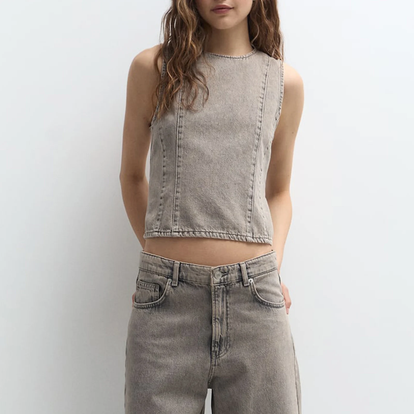 Gaono Damskie dżinsowe podkoszulki dopasowane w jednolitym kolorze Okrągły dekolt Bez pleców Wiązana koszulka bez rękawów na lato Vintage Tank Top