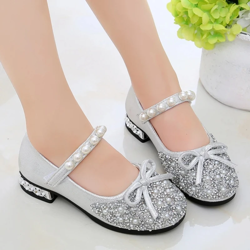 Summer Flats Girls Pearls Mary Jane Shoes Kids Bling Princess Glitter Shoes Children Bowknot Sole Sandals Wedding Dance Shoes