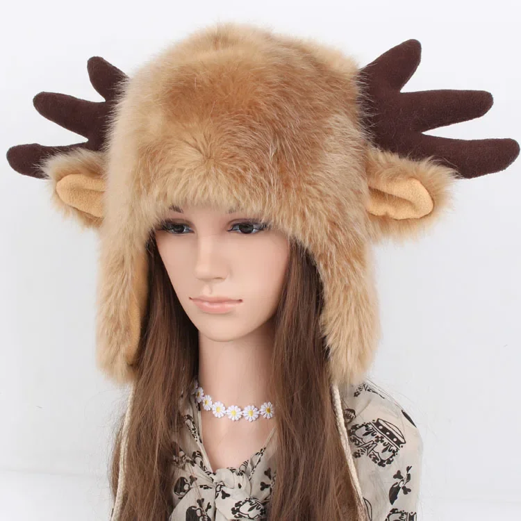 Autumn Winter Unisex Super Warm Cute Cartoon Antler Lei Feng Hat Fur Velvet Lined Deer Head Ear Protection Trapper Hat