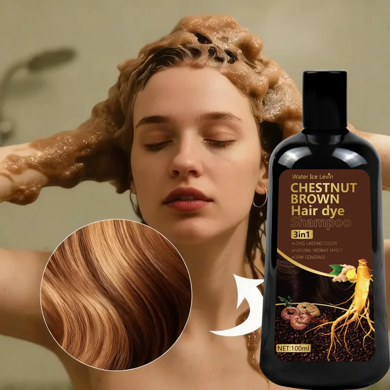 Water Ice Levin Champú 3 en 1 para teñir el cabello castaño con jengibre y ginseng para una cobertura instantánea de color gris y duradero