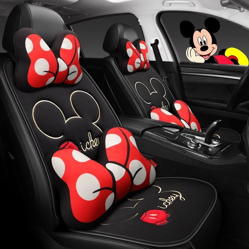 Disney Car Minnie Headrest Season One Piece Ice Silk Cool Pad Cute Mickey Mouse Cartoon Car Seat Cushion Breathable Seat Cover