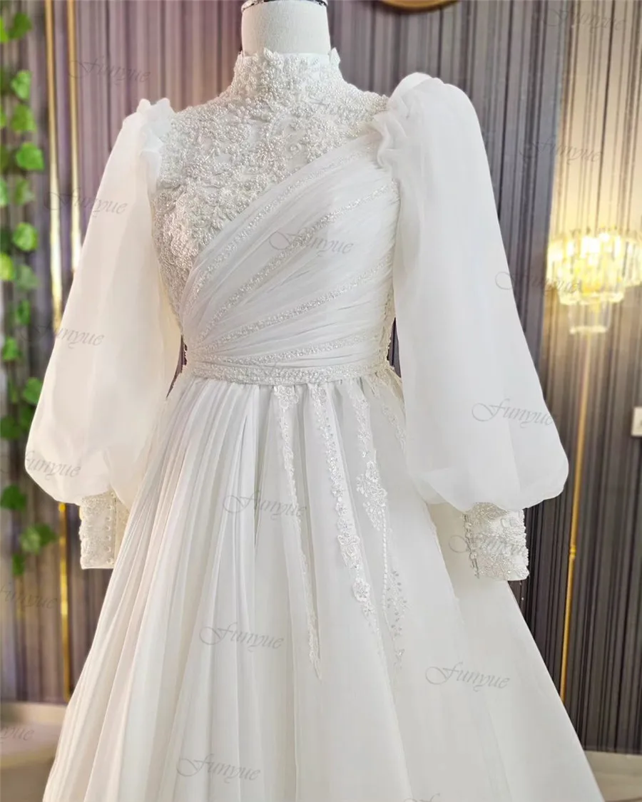 Funyue-Vestidos De Novia musulmanes De cuello alto, Vestidos De Novia 2024, corte en A, encaje De Organza con cuentas, mangas abullonadas, Vestidos De Novia