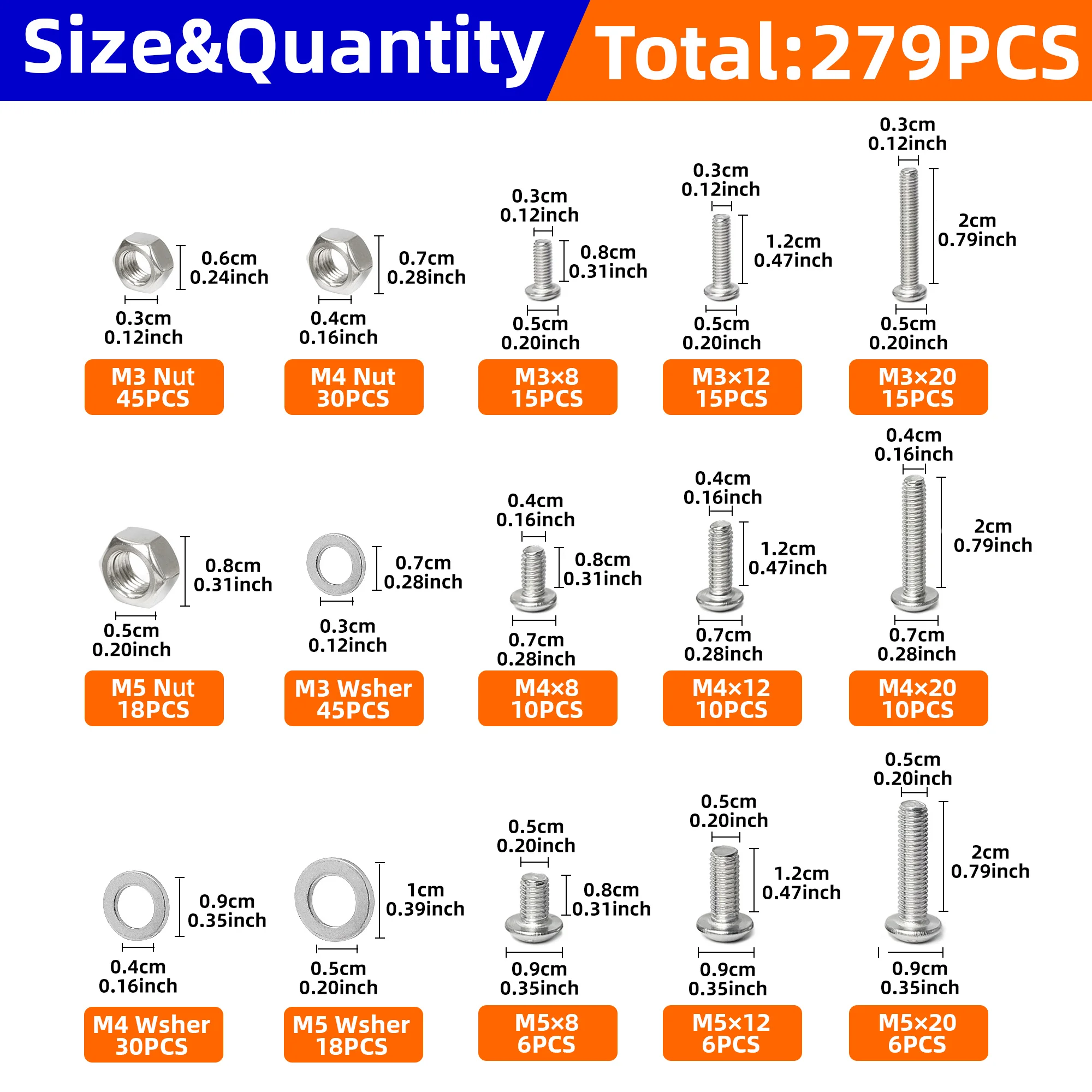279pcs M3 M4 M5 Pan Head Socket Cap Screws Bolts Nuts Washers Assortment Kit Bolt Pan Oval Round Button Head Inner Hex Hexagon