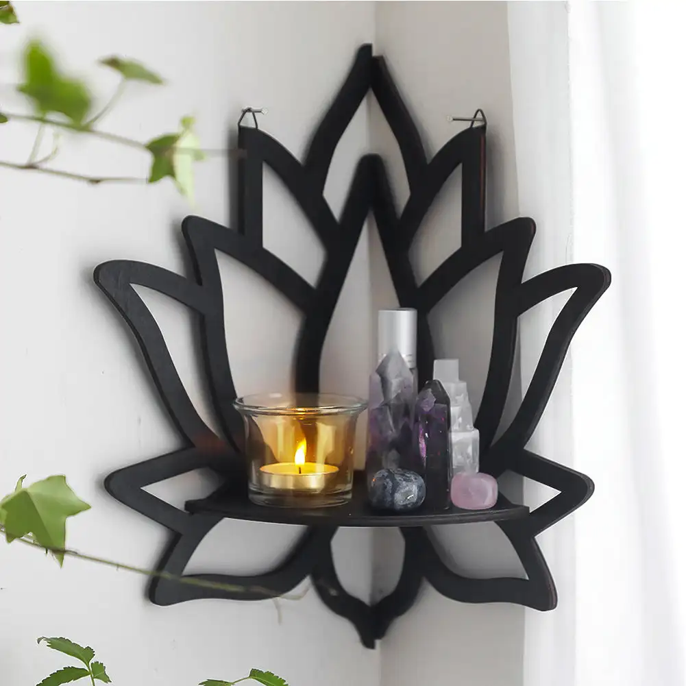 Butterfly Lotus Crystal Corner Shelf Crystal Shelf Display Black Wooden Wall Shelves Essential Oil Shelf  Home Decoration