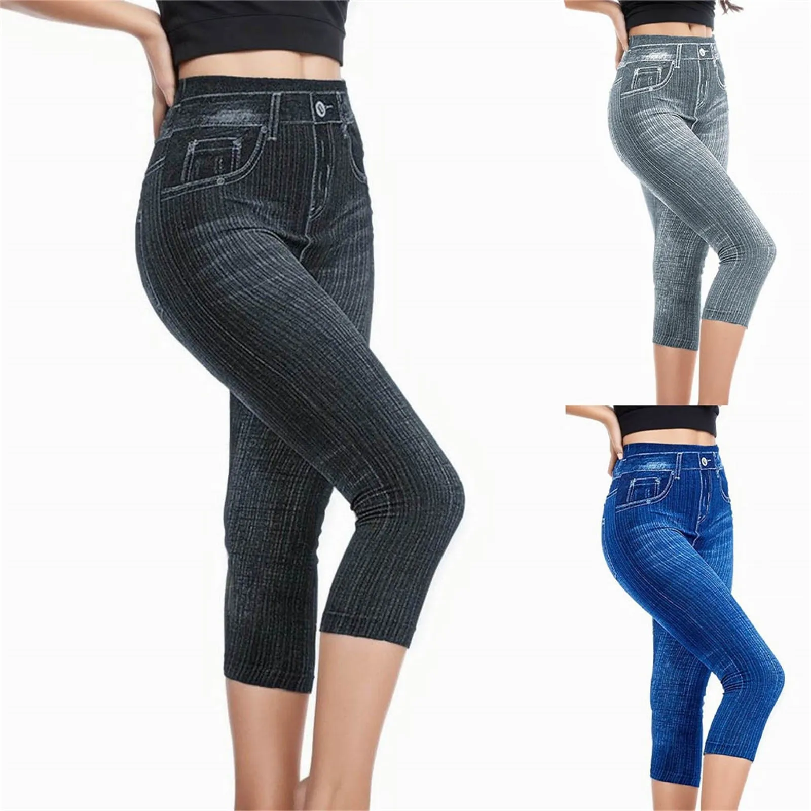 Women'S Cropped Pants Stretch Fitness Fake Pockets High Waist Butt-Lifted Faux Denim Jeans Soft Casual Thin Pencil Pants