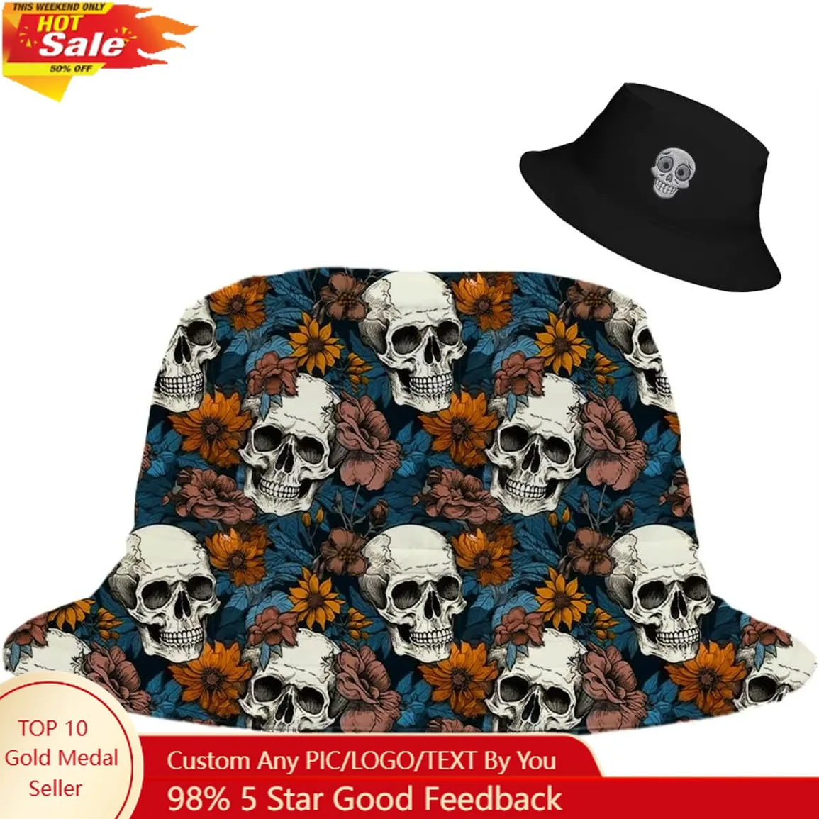 

Bucket Hat Skull Flower Unisex for Men Women Funny Fashion Fishing Hat Cute Fisherman Cap
